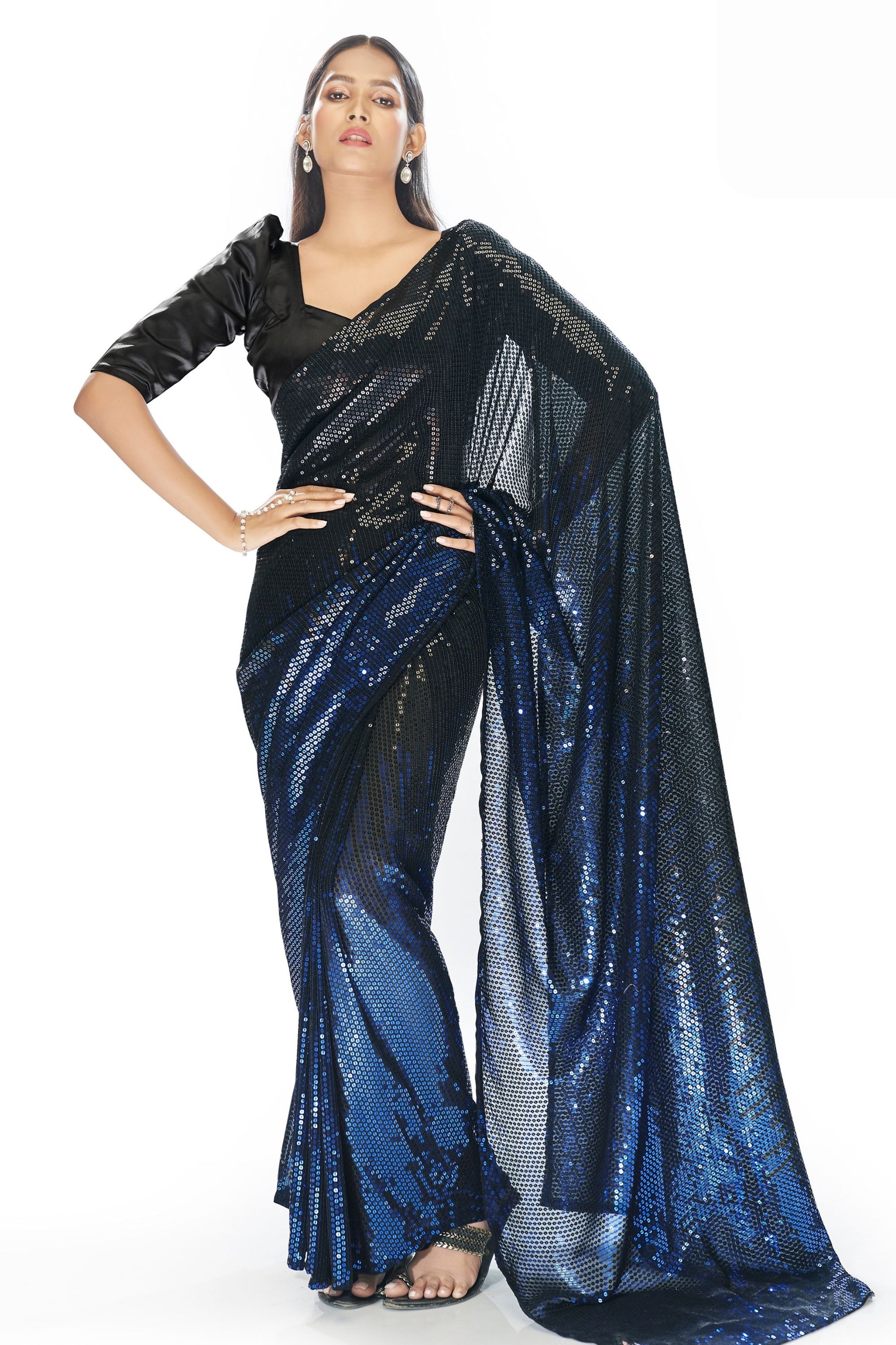 Black Indian Georgette Saree For Indian Festivals & Weddings - Sequence Embroidery Work, Thread Embroidery Work,