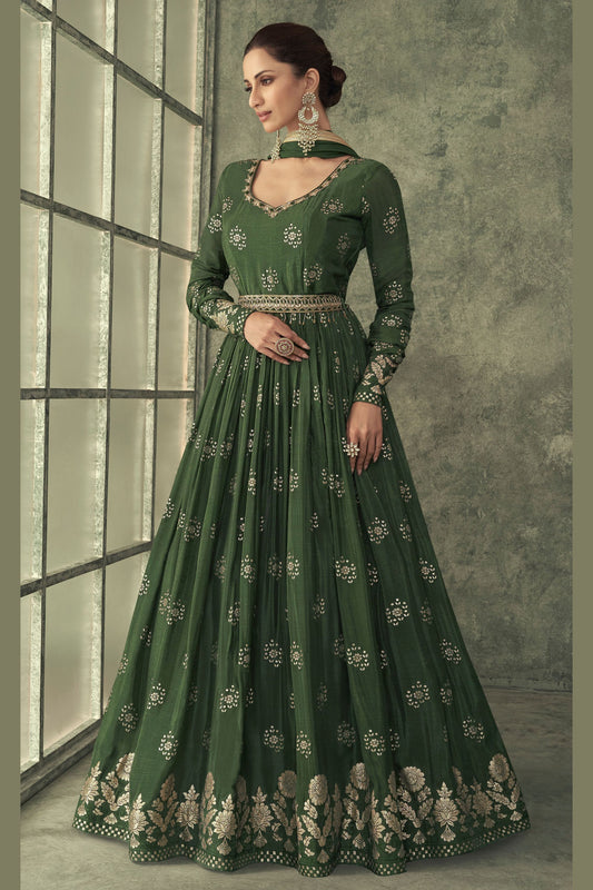 Green Viscose Silk Jacquard Floor Full Length Anarkali Gown For Indian Festivals & Weddings - Embroidery Work