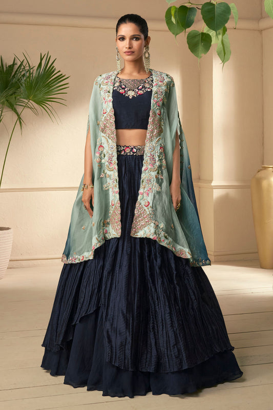 Navy Blue Color Lehenga Choli Suit with Koti For Indian Festivals & Pakistani Weddings - Embroidery Work