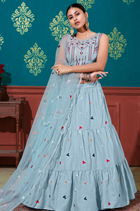 Sky Blue Pakistani Cotton Lehenga Choli For Indian Festivals & Weddings - Sequence Embroidery Work, Thread Embroidery Work,
