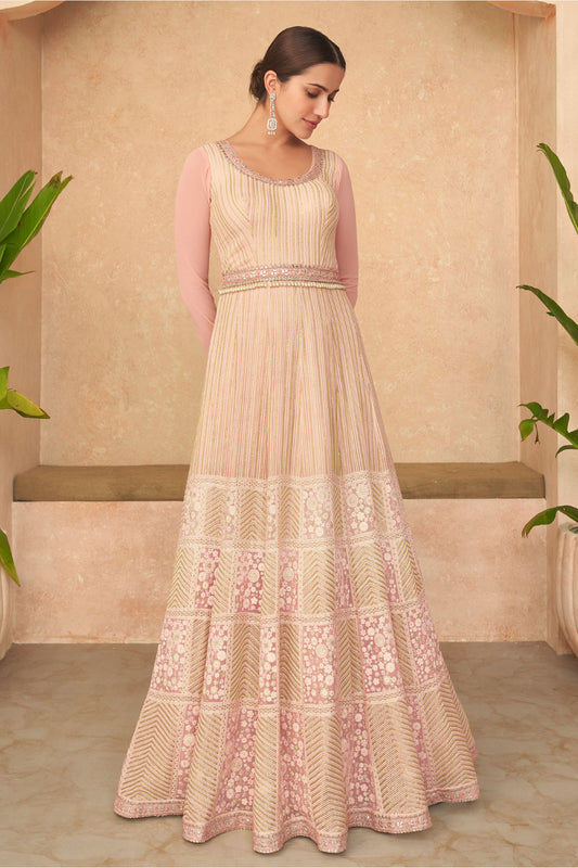 Cream Georgette Floor Full Length Anarkali Gown For Indian Festivals & Weddings - Embroidery Work