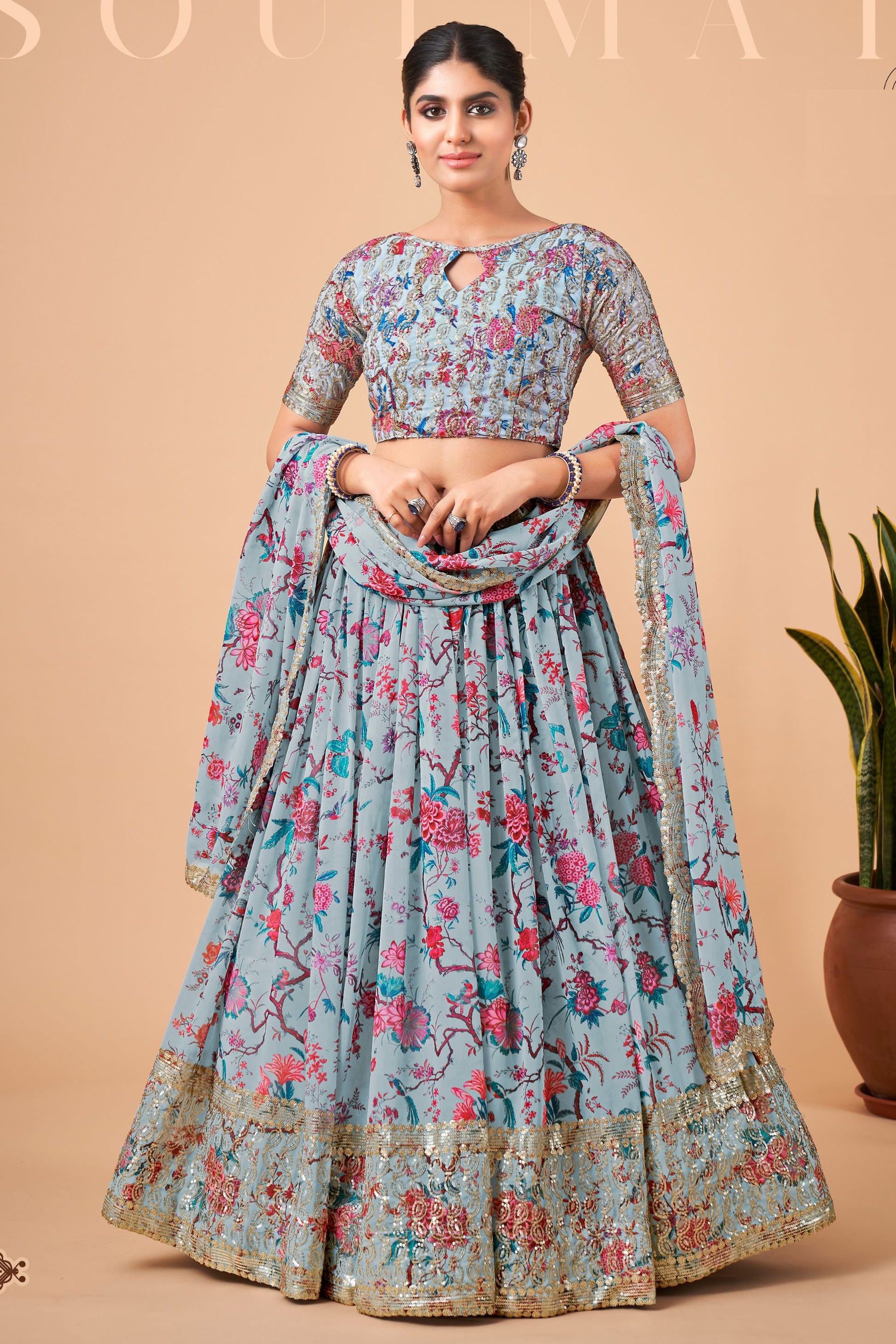 Blue Gray Pakistani Georgette Floral Printed Lehenga Choli For Indian Festivals & Weddings - Sequence Embroidery Work, Zari Work