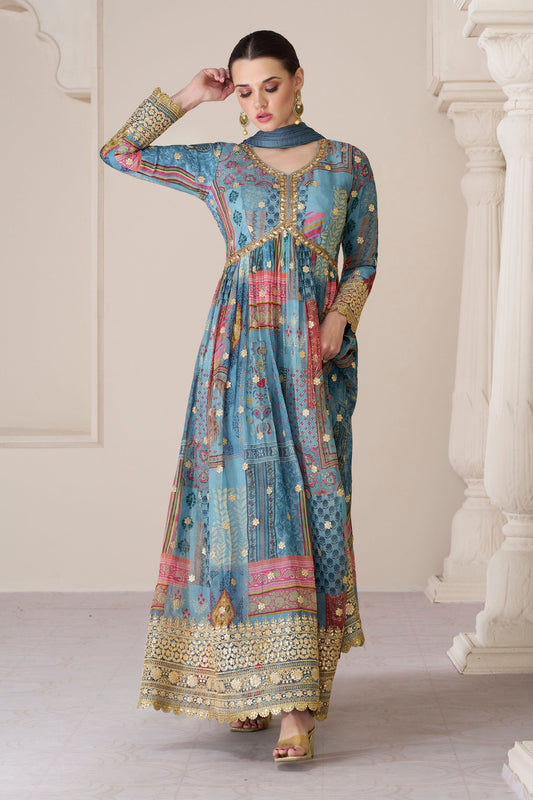 Blue Pakistani Organza Silk Floral Print Anarkali Gown For Indian Festivals & Weddings - Print Work, Thread Embroidery Work,