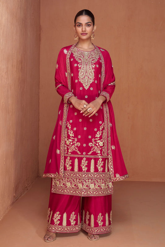 Red Chinon Silk Plazo Suits For Indian Festivals & Pakistani Weddings - Embroidery Work