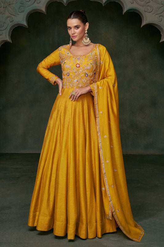 Mustard Silk Floor Full Length Anarkali Gown For Indian Festivals & Weddings - Embroidery Work