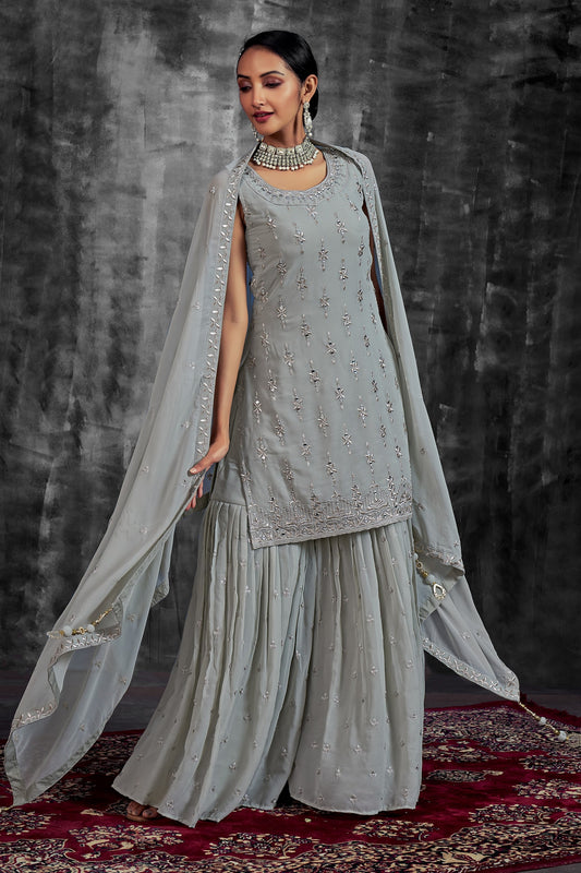 Gray Pakistani Georgette Sharara For Indian Festivals & Weddings - Thread Embroidery Work, Mirror Work, Zari Work, Zarkan Work