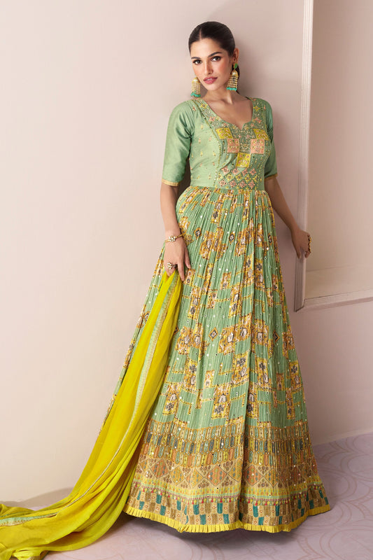 Green Georgette Floor Full Length Anarkali Gown For Indian Festivals & Weddings - Embroidery Work