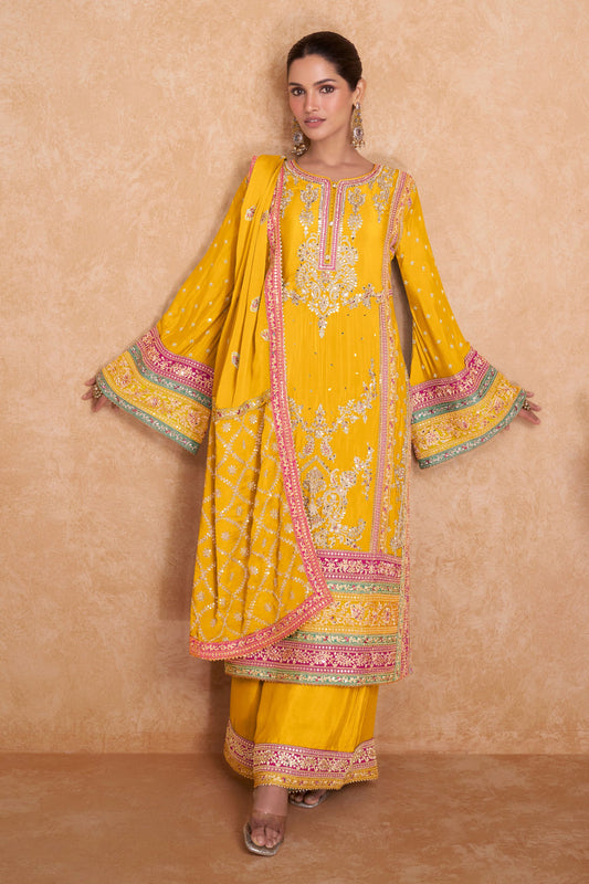 Yellow Pakistani Chinon Plazo Suit For Indian Festivals & Weddings - Embroidery Work