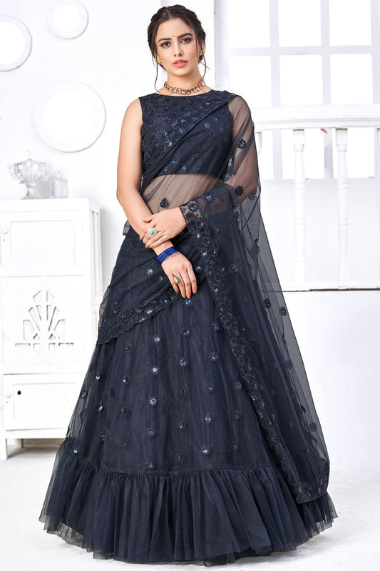 Navy Blue Pakistani Net Lehenga Choli For Indian Festivals & Weddings - Sequence Embroidery Work, Thread Embroidery Work,
