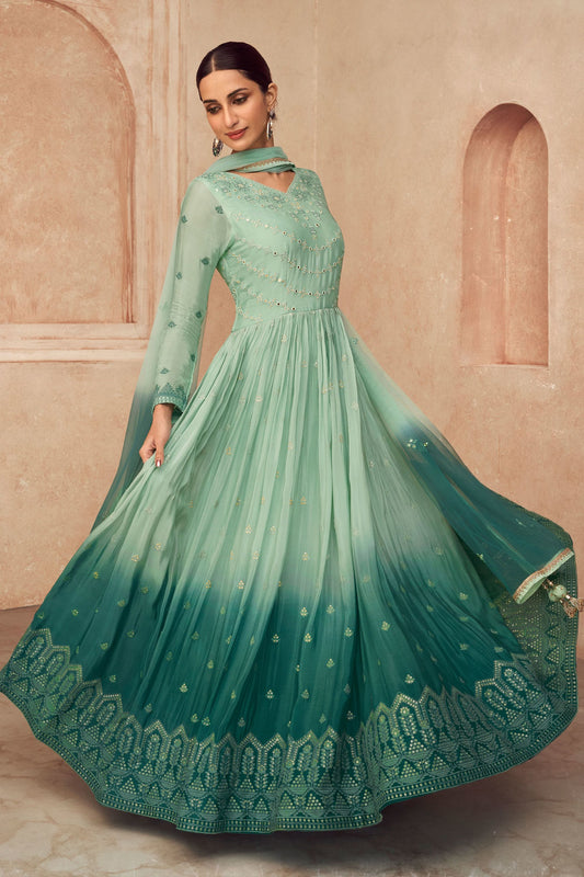 Green Pakistani Georgette Floor Length Anarkali Suits For Indian Festivals & Weddings - Embroidery Work