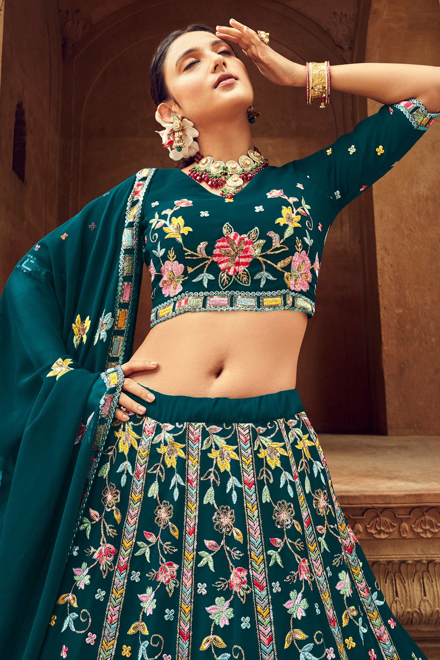 Teal Georgette Floral Embroidered Lehenga Choli For Indian Festivals & Weddings - Sequence Embroidery Work, Thread Work