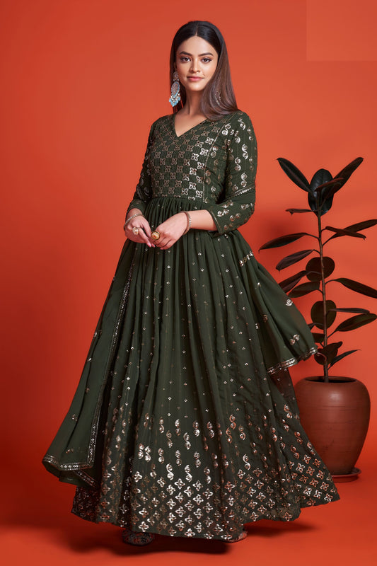 Green Pakistani Georgette Anarkali Gown For Indian Festivals & Weddings - Sequence Embroidery Work, Thread Embroidery Work,