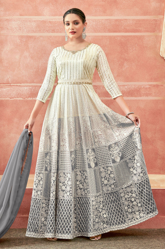 Gray Georgette Full Floor Dual Tone Length Anarkali Gown For Indian Festivals & Weddings - Thread Embroidery Work, Print Work