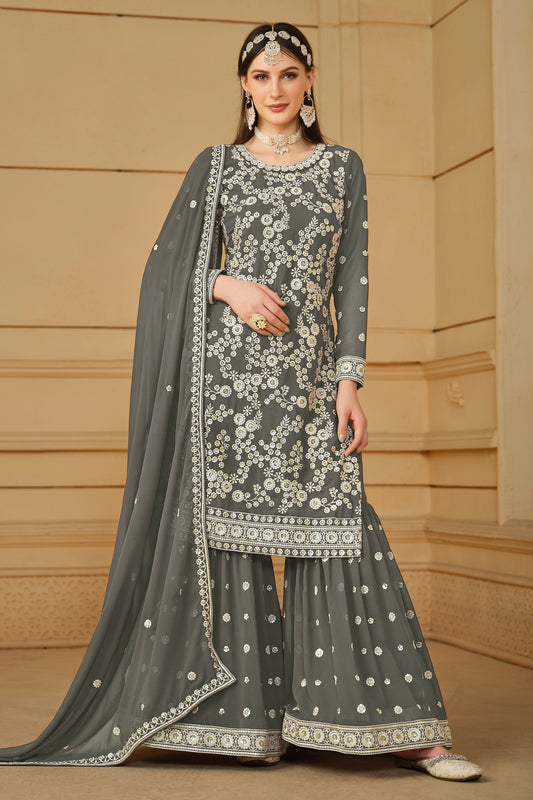 Gray Georgette Sharara Suit For Indian Festivals & Pakistani Weddings - Thread Embroidery Work, Sequence Embroidery Work