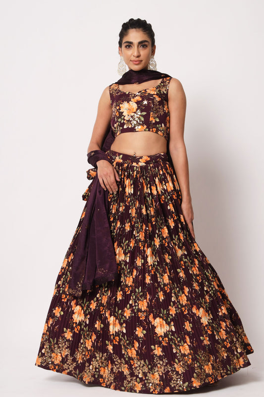 Purple Art Silk Floral Printed Lehenga Choli For Indian Festivals & Weddings - Print Work, Sequence Embroidery Work, Thread Embroidery Work,