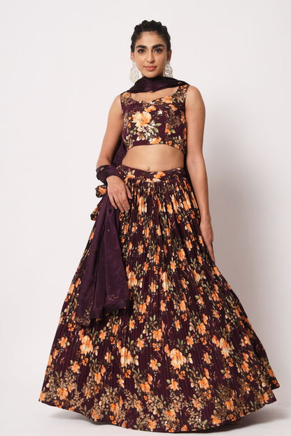 Purple Art Silk Floral Printed Lehenga Choli For Indian Festivals & Weddings - Print Work, Sequence Embroidery Work, Thread Embroidery Work,