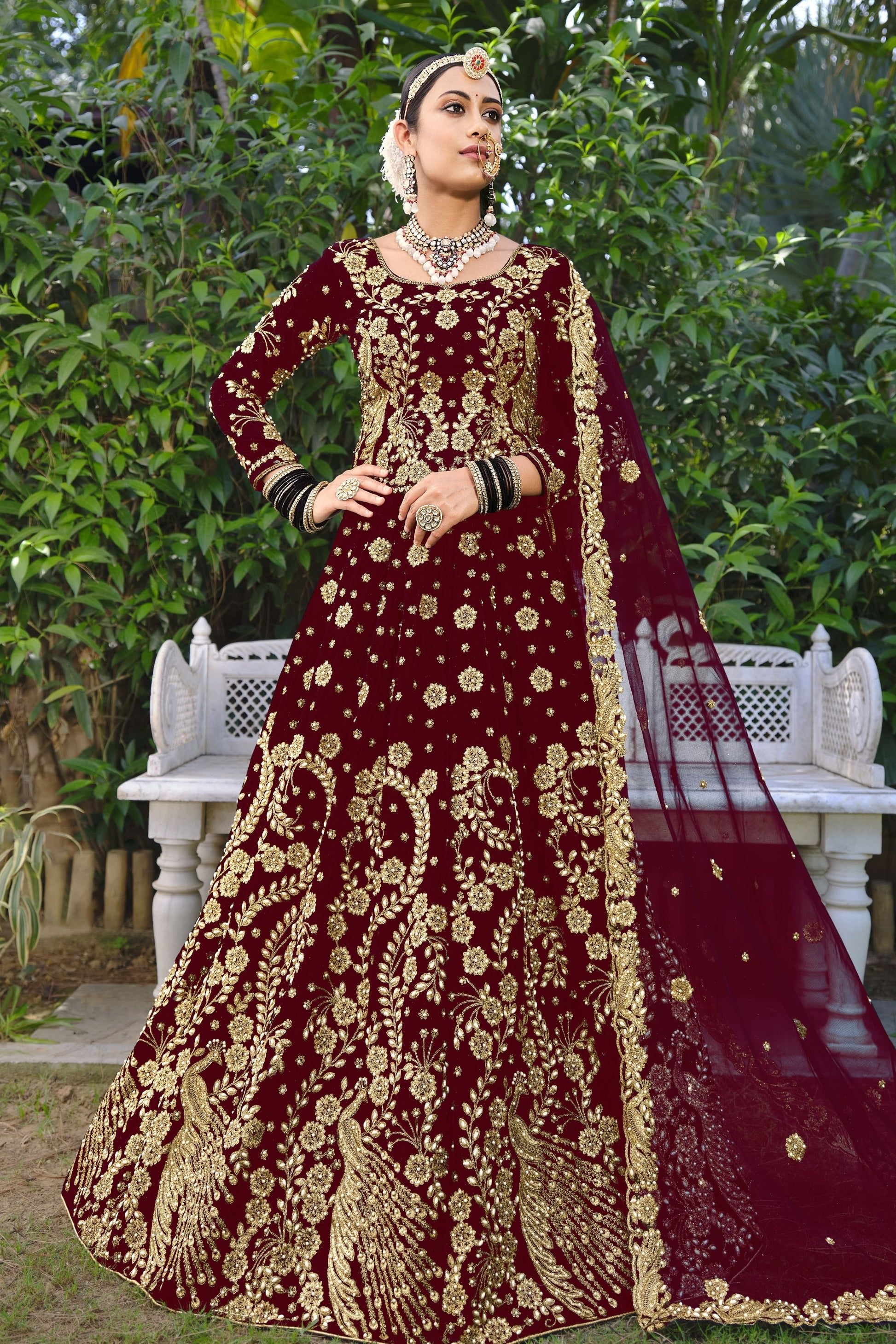 Black Pakistani Bridal Velvet Lehenga Choli For Indian Festivals & Weddings - Thread Embroidery Work, Stone Work, Dori Work