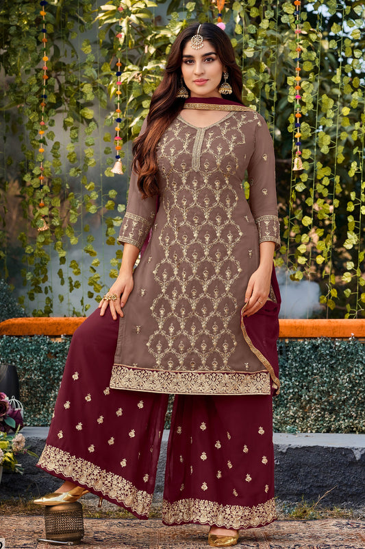 Brown Georgette Pakistani Plazo Suit For Indian Festivals & Weddings - Thread Embroidery Work