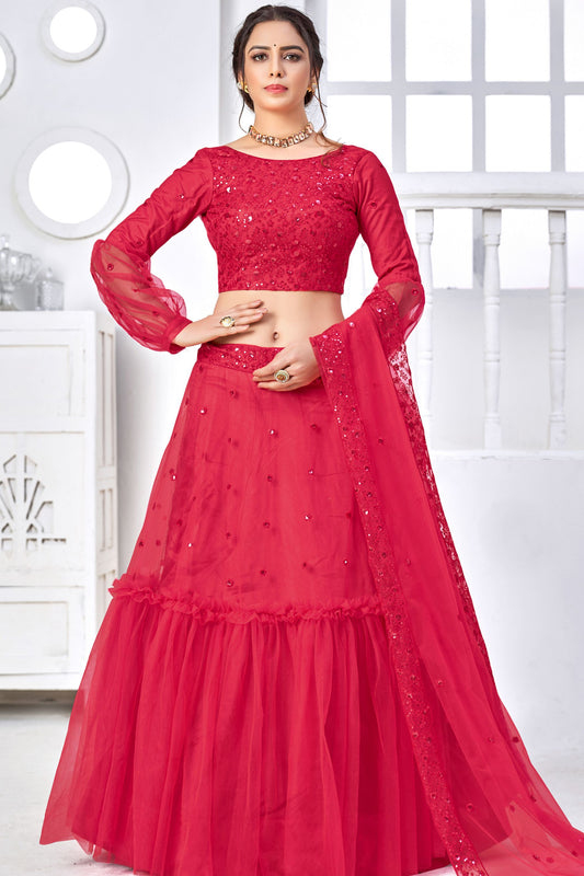 Pink Pakistani Net Lehenga Choli For Indian Festivals & Weddings - Sequence Embroidery Work, Thread Embroidery Work,
