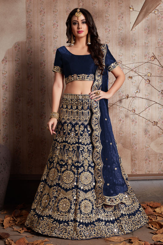 Navy Blue Velvet Silk Lehenga Choli For Indian Festival & Weddings - Sequence Embroidery Work, Mirror Work, Zari Work