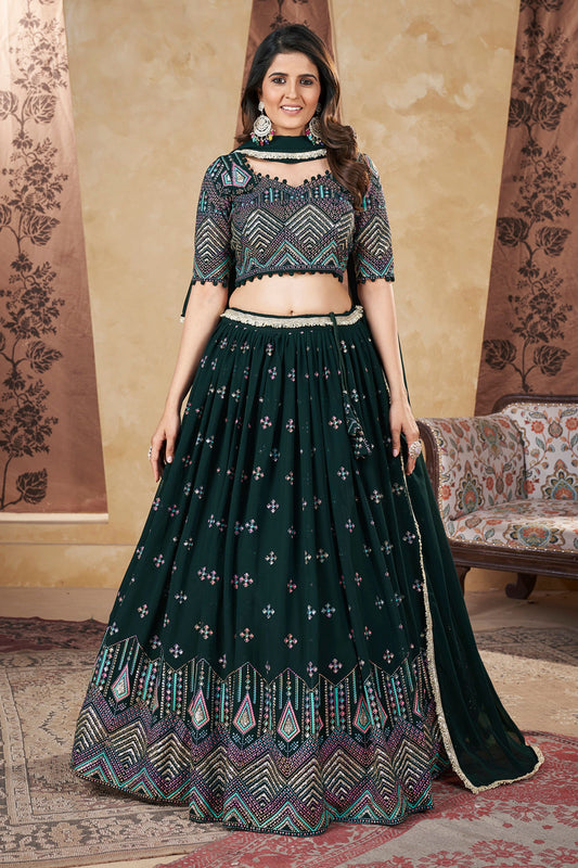 Green Georgette Lehenga Choli For Indian Festivals & Weddings - Thread Embroidery Work, Foil Mirror Work