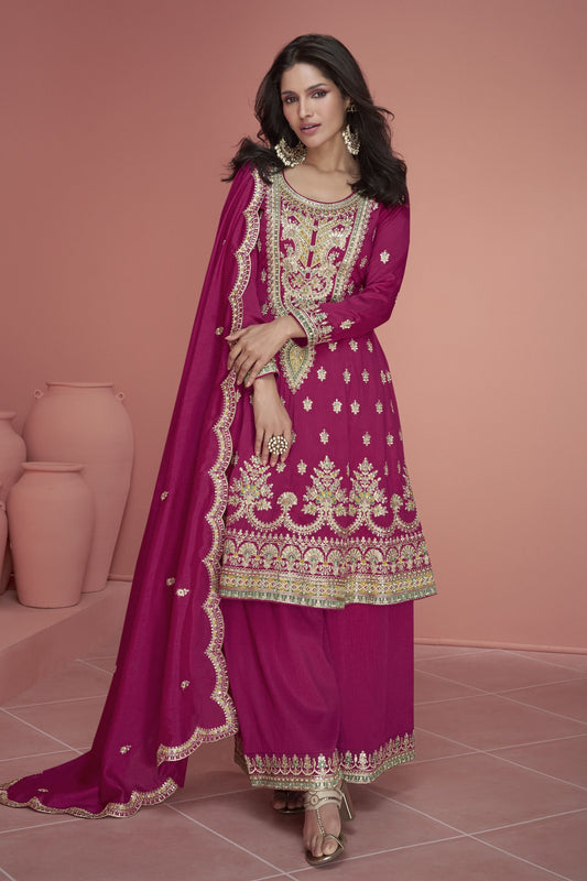 Pink Silk Plazzo Suit For Indian Festivals & Weddings - Thread Embroidery Work