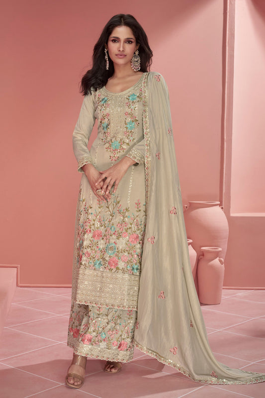 Cream Organza Simar Silk Salwar Kameez For Indian Festivals & Weddings - Embroidery Work,