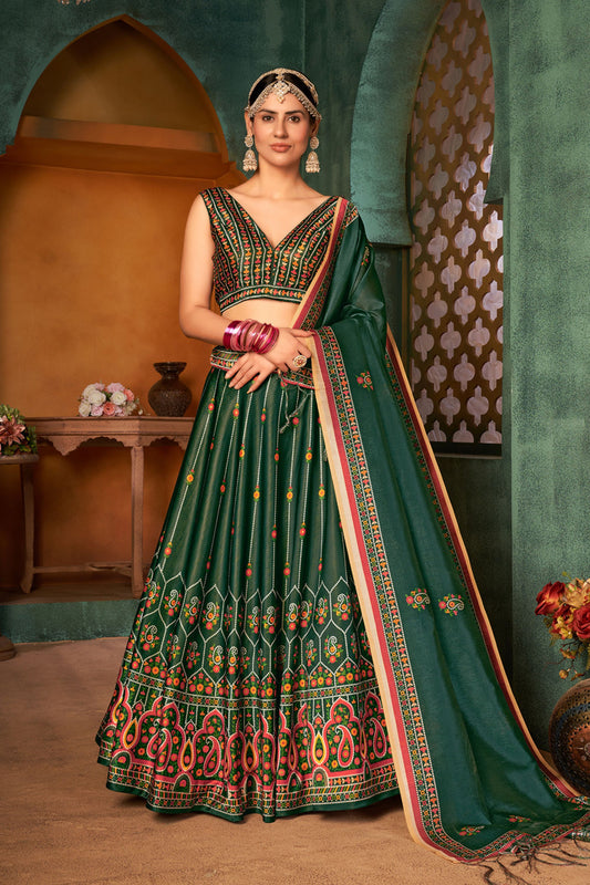 Dark Green Silk Printed Lehenga Choli For Indian Festivals & Weddings - Print Work