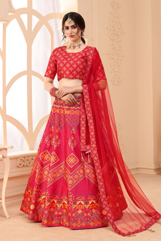 Pink Art Silk Printed Lehenga Choli For Indian Festivals & Weddings - Print Work