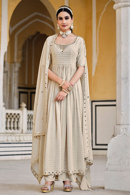 Beige Pakistani Georgette Plazo For Indian Festivals & Weddings - Sequence Embroidery Work, Thread Embroidery Work, Mirror Work