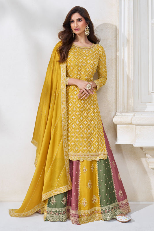 Yellow Pakistani Chinon Silk Salwar Kameez with Skirt For Indian Festivals & Weddings - Embroidery Work