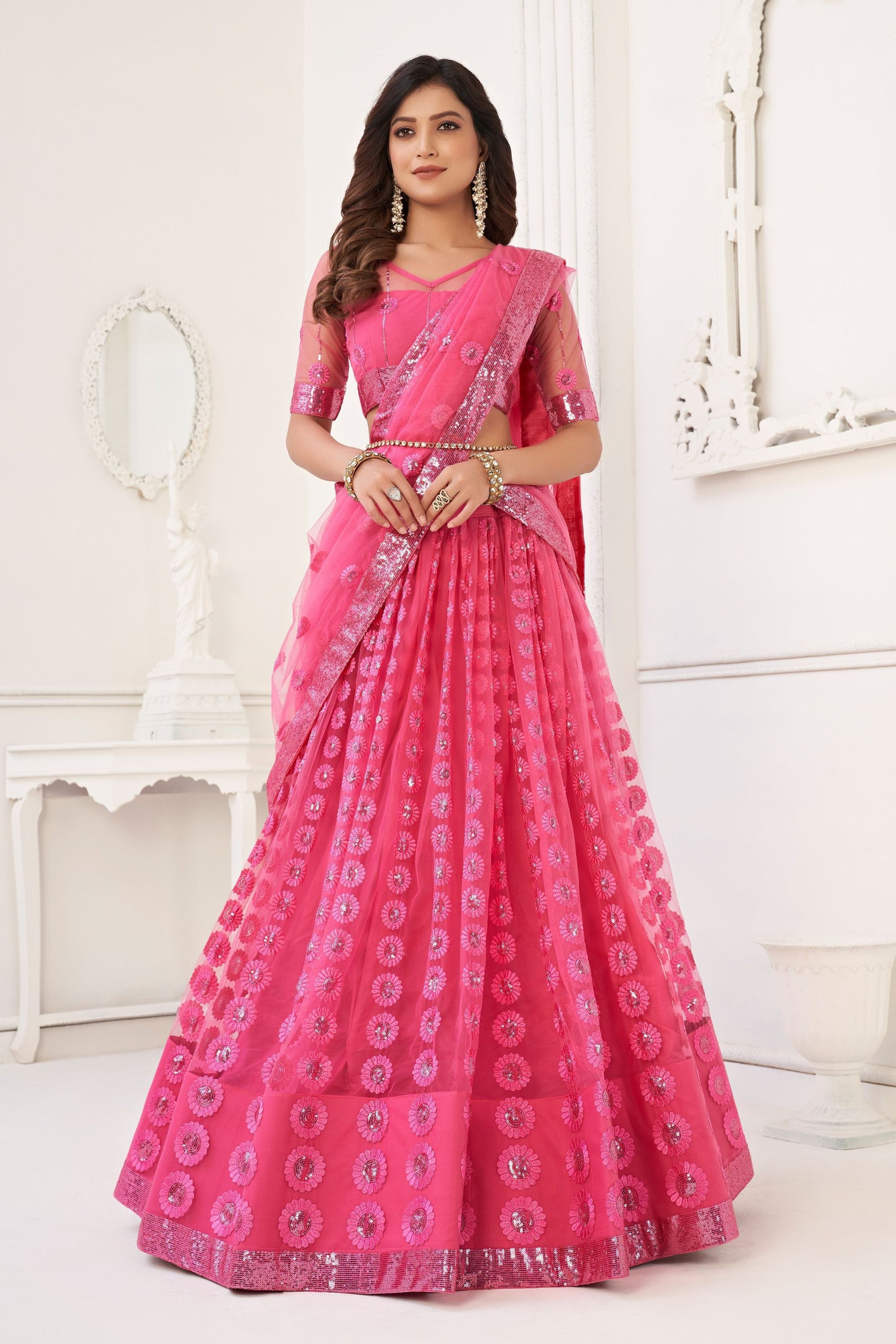 Pink Net Embroidered Lehenga Choli For Indian Festival & Weddings - Embroidery Work