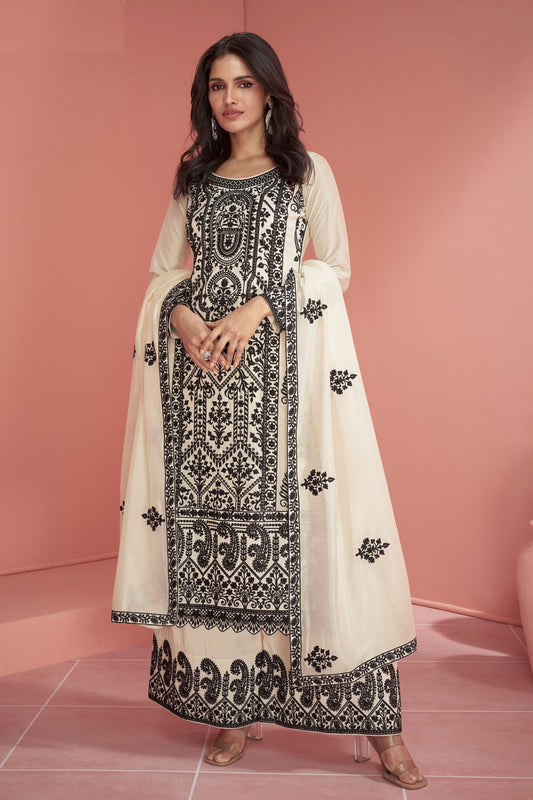 Off White Silk Plazo Suit For Indian Wedding & Pakitani Festival - Embroidery Work