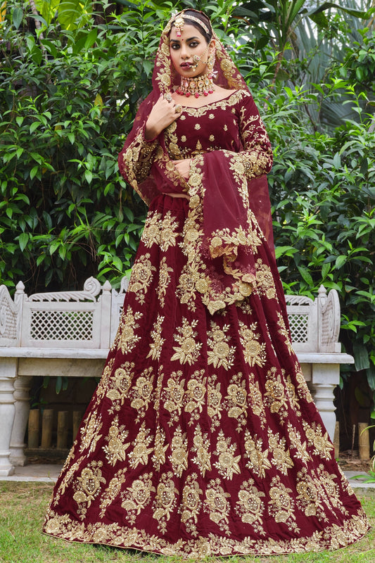 Red Pakistani Bridal Velvet Lehenga Choli For Indian Festivals & Weddings - Thread Embroidery Work, Stone Work, Dori Work