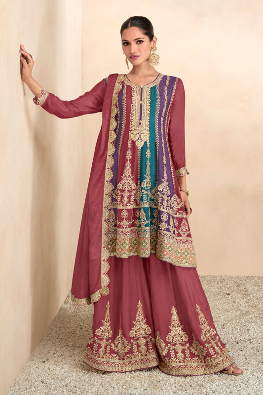Brown Pakistani Chinon Plazo Suits For Indian Festivals & Weddings - Embroidery Work