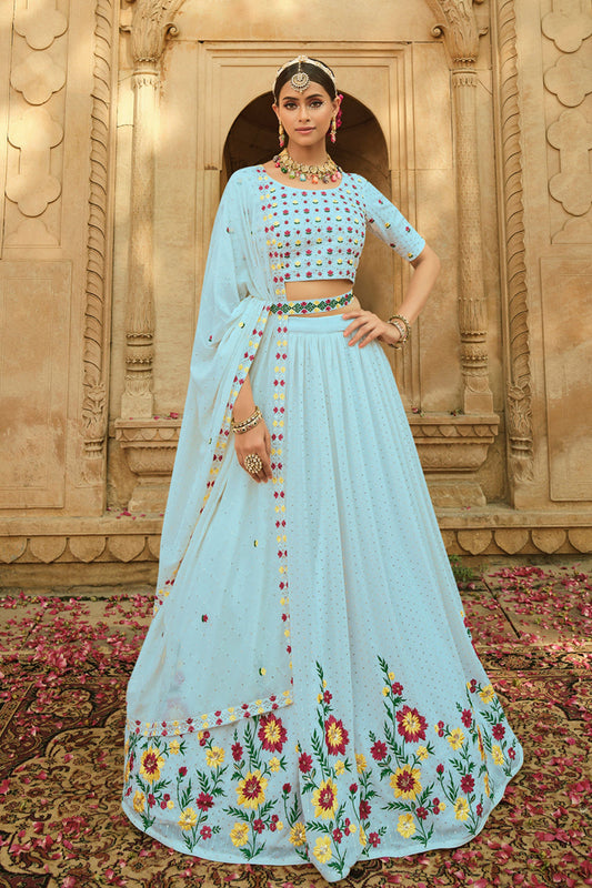 Sky Blue Georgette Floral Embroidered Lehengas Choli For Indian Festivals & Weddings - Thread Work, Sequence Embroidery Work