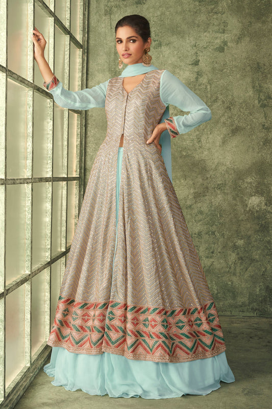 Cream Pakistani Georgette Anarkali Suit For Indian Festivals & Weddings - Thread Embroidery Work,