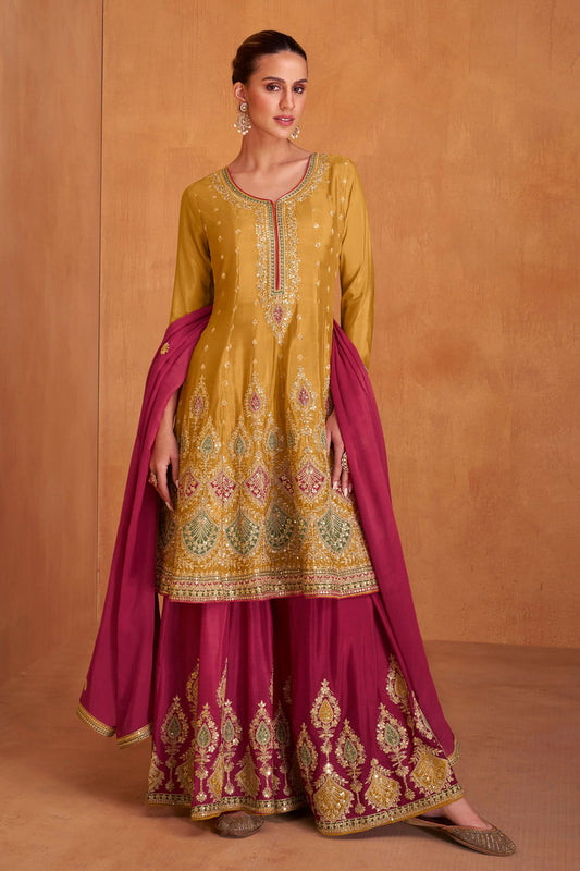 Mustard Pakistani Chinon Silk Plazo Suit For Indian Festivals & Weddings - Embroidery Work