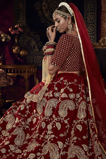 Maroon Pakistani Velvet Lehenga Choli For Bride Indian Festivals & Weddings - Thread Embroidery Work, Stone Work