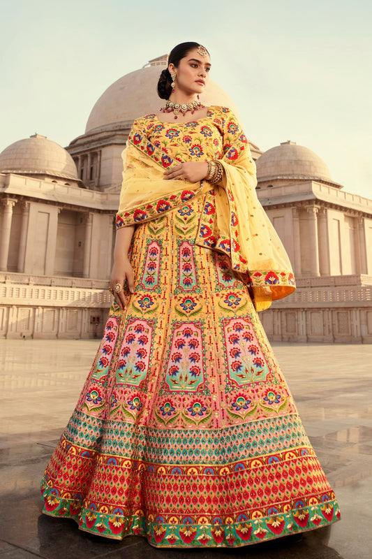 Yellow Art Silk Lehenga Choli For Indian Weddings & Festivals - Thread Work, Print Work, Diamond Work