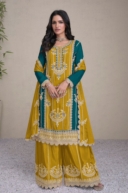 Yellow Chinon Plazo Suits For Indian Festivals & Pakistani Weddings - Embroidery Work