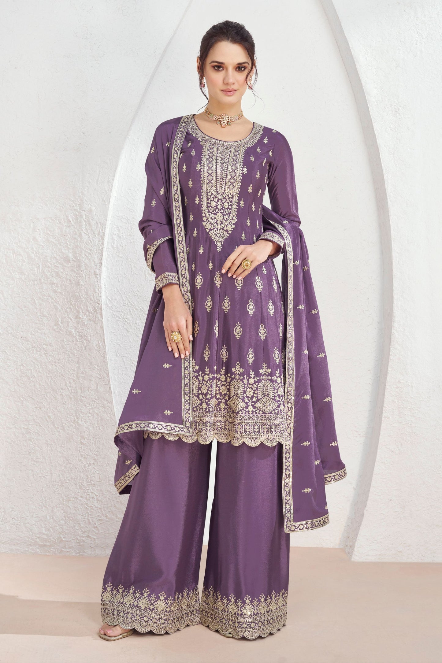 Purple Chinon Silk Palazzo Suit For Indian Festival & Pakistani Weddings - Embroidery Work