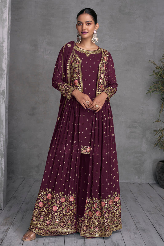 Brown Pakistani Georgette Jacket Style Plazo Suit For Indian Festivals & Weddings - Embroidery Work