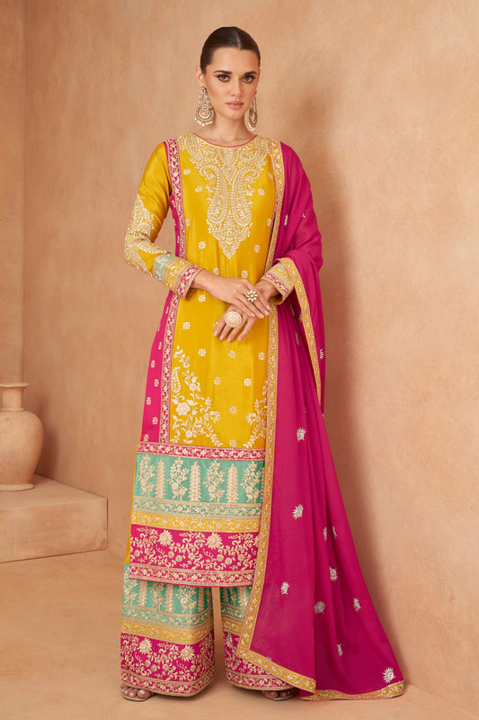 Yellow Chinon Plazo Suits For Pakistani Festivals & Indian Wedding - Embroidery Work