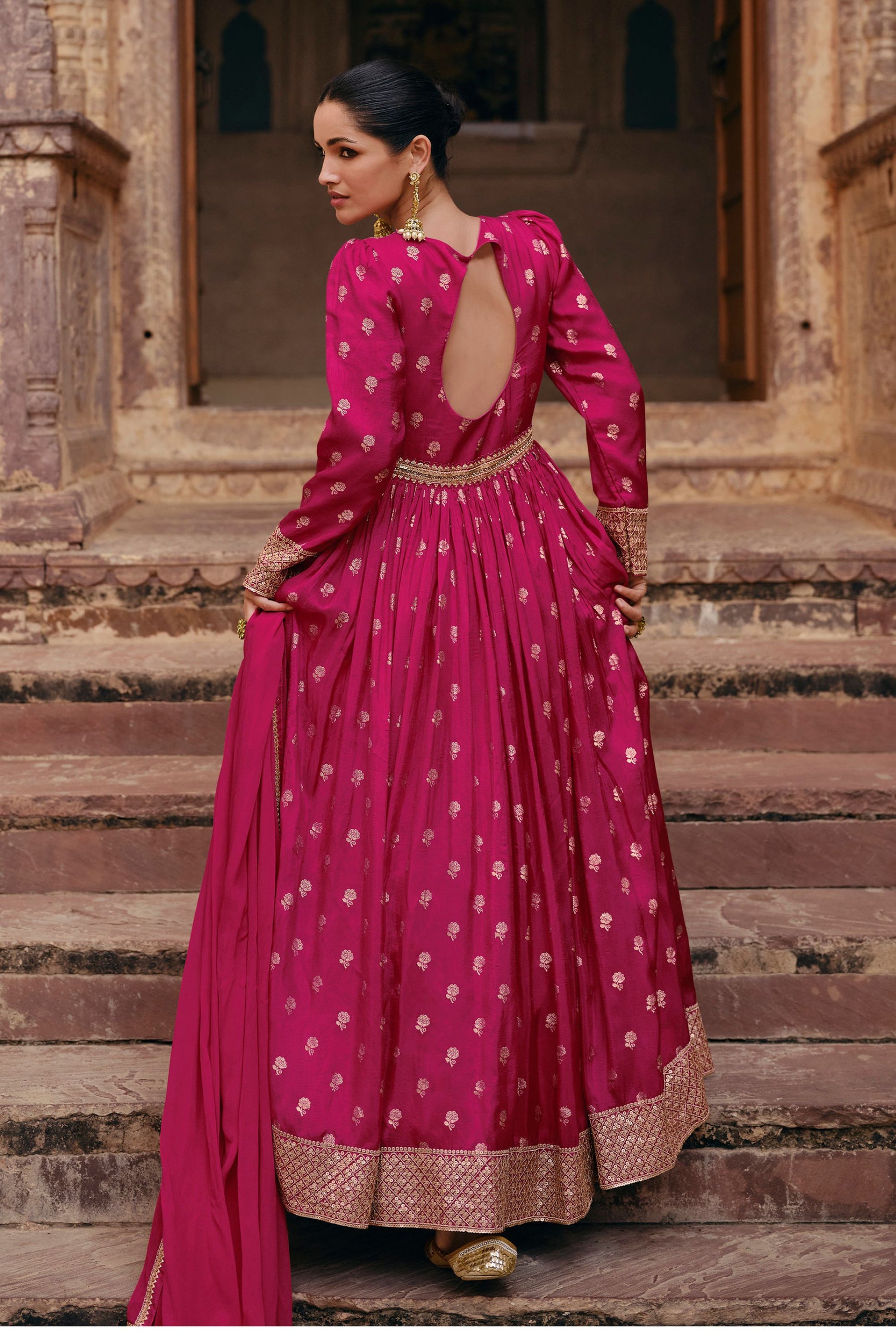 Pink Viscose Silk Jacquard Floor Full Length Anarkali Gown For Indian Festivals & Weddings - Embroidery Work
