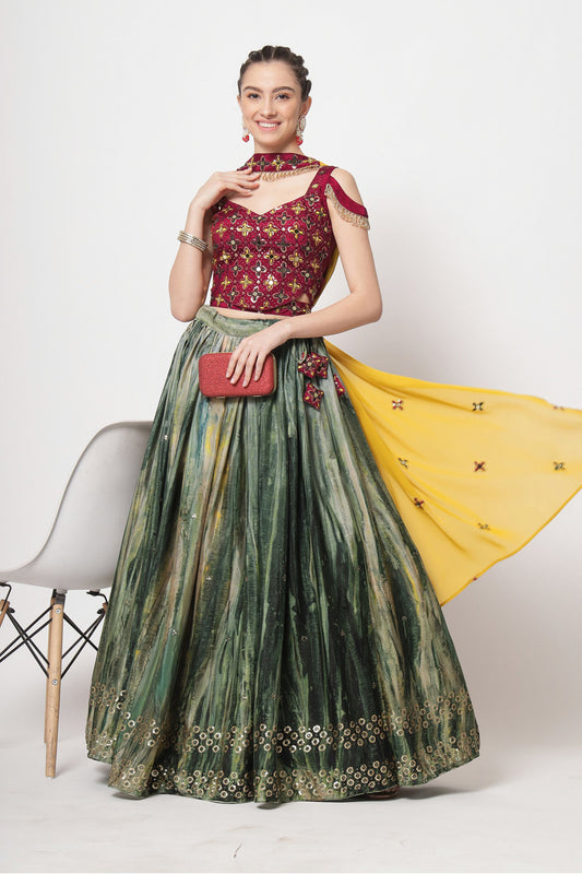 Green Pakistani Georgette Printed Lehenga Choli For Indian Festivals & Weddings - Print Work, Sequence Embroidery Work, Thread Embroidery Work,