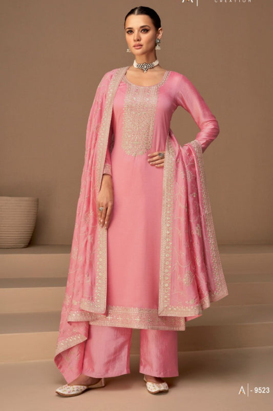 Pink Pakistani Silk Salwar Kameez For Indian Festivals & Weddings - Thread Embroidery Work,