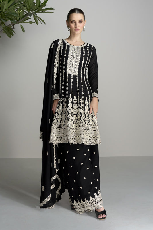 Black Chinon Silk Plazo Suit For Wedding & Festival - Embroidery Work