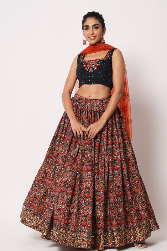 Red Art Silk Printed Lehenga Choli For Indian Festivals & Weddings - Print Work, Sequence Embroidery Work, Thread Embroidery Work,