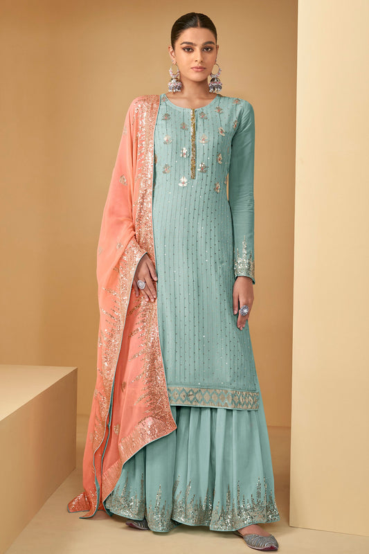 Sky Blue Pakistani Georgette Plazo Suits For Indian Festivals & Weddings - Embroidery Work